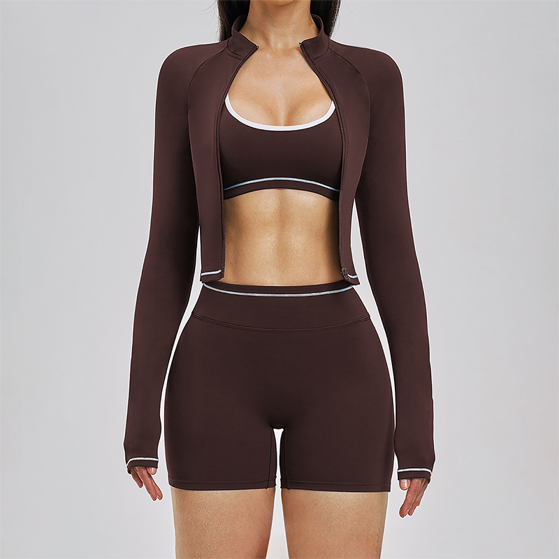 Color Blocking Sports Jacket, Bra & Shorts Set