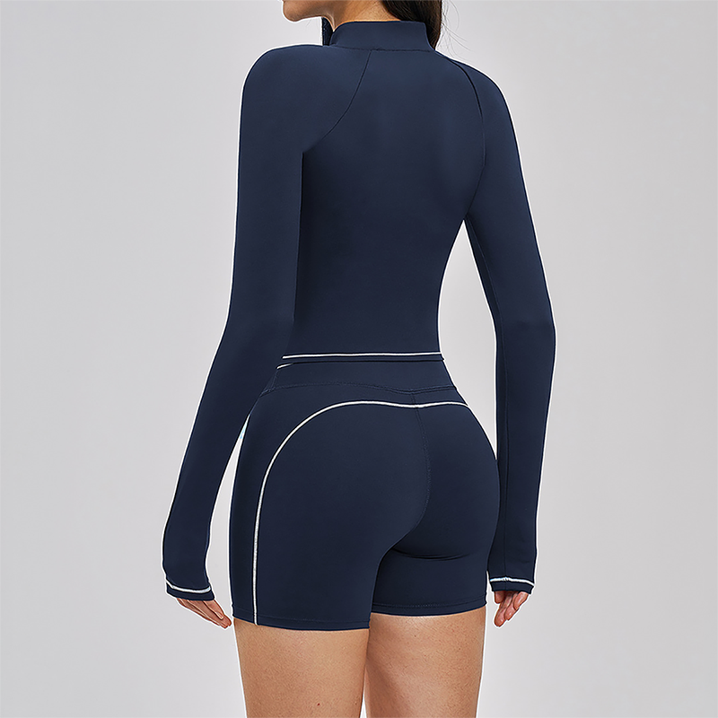 Color Blocking Sports Jacket, Bra & Shorts Set