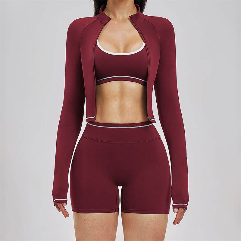 Color Blocking Sports Jacket, Bra & Shorts Set
