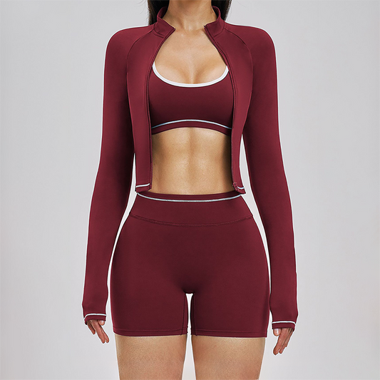Color Blocking Sports Jacket, Bra & Shorts Set
